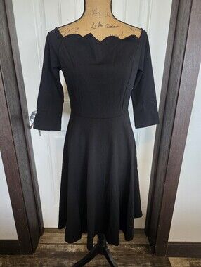 MissMNY-Black Scallop Neck Fit-and-Flare Dress M